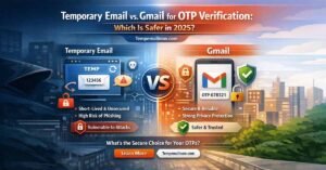 Temporary email vs Gmail for OTP verification showing privacy and security differences in 2025