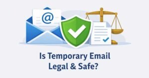 “Illustration showing whether using a temporary email is legal and safe, represented by an email icon with a shield and legal scale.”
