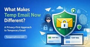 Illustration showing a privacy-focused temporary email service with a secure inbox, shield icon, and browser-based interface, explaining what makes Temp Email Now different.