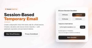 Temporary inboxes for 5, 10, 15, or 30 minutes session-based email interface