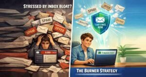 A comparison showing a stressed person buried in spam mail versus a calm person protected by a digital shield to avoid inbox bloat using temporary email.