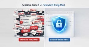 Infographic comparing a session-based temporary email with standard temp mail, featuring a secure privacy shield and a cluttered spam inbox comparison.