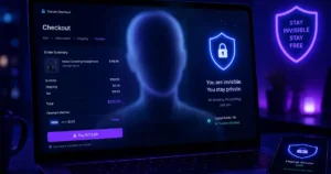 Essential privacy hacks for secure online shopping in 2026 showing a laptop screen with a secure checkout interface, an AI tracking blocker, and a digital shield active to ensure user privacy and anonymity.