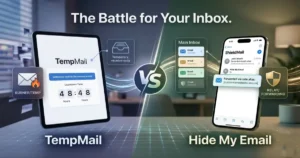 A side-by-side comparison infographic titled "The Battle for Your Inbox." The left side shows a tablet displaying a "TempMail" interface with a burner icon and a 48-hour countdown timer for a temporary, receive-only email. The right side features a smartphone showing a "Hide My Email" layout with a shield icon, illustrating how a safe alias address forwards messages securely into a main inbox.